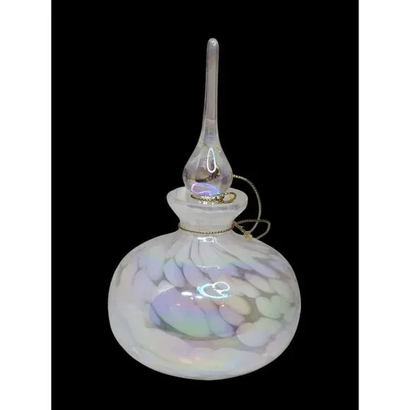 Vtg White Iridescent Art Glass Perfume Bottle With Tear Drop Stopper 5.75" - Picture 3 of 9